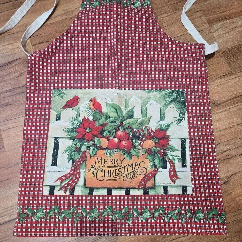 Merry Christmas Full Apron Festive Cardinal Holly Design Susan Winget